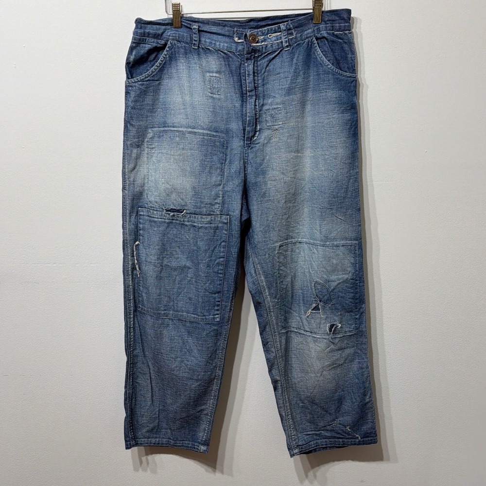 Magnolia Pearl Patchwork Distressed Denim Pant Blue Boho Wide Leg Crop High Rise